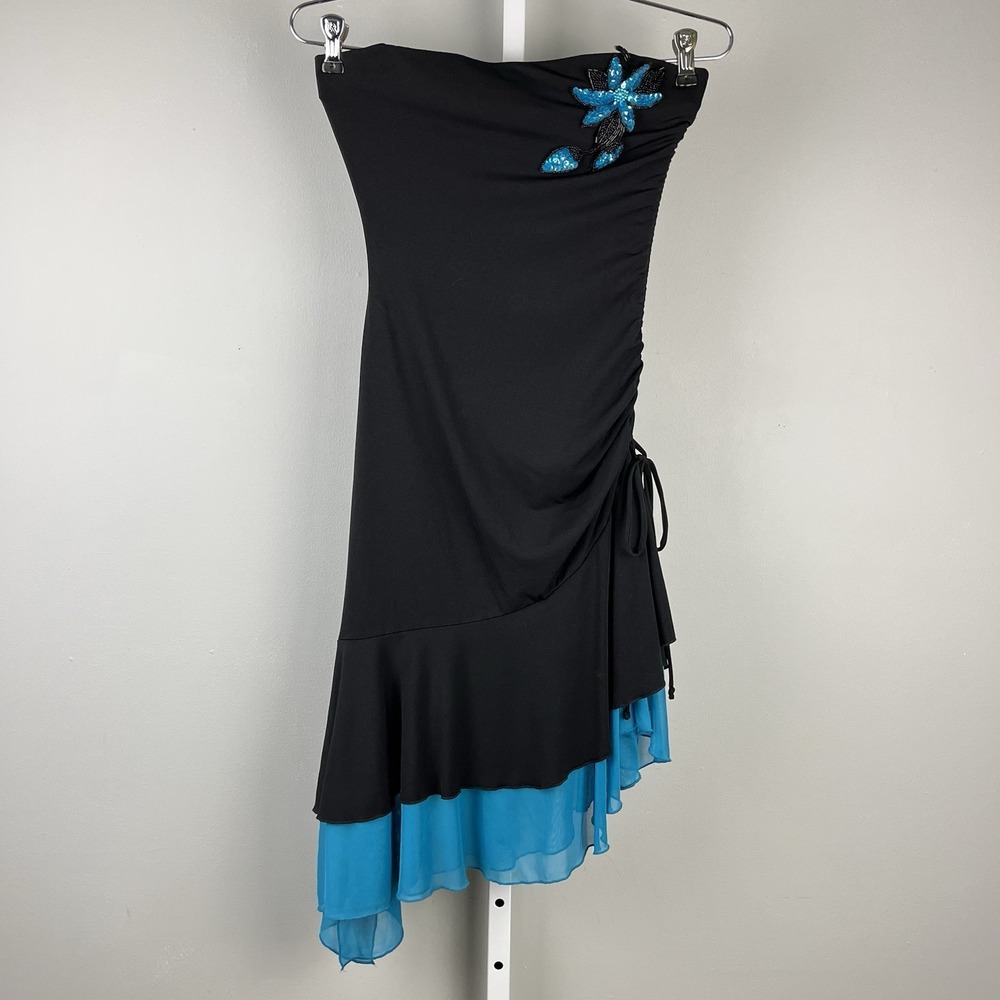 Jodi Kristopher Asymmetrical Dress Womens S Black Teal Beaded Flower Y2K Vtg
